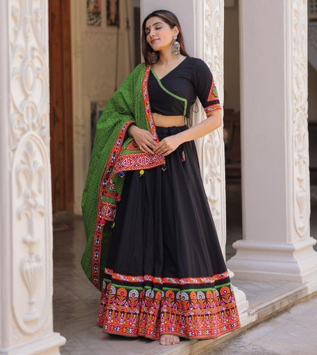 MODERN GALLERY-"Butter Silk Lehenga with Digital Print and Mirror Work, Unstitched Choli, and Pom-Pom Lace Dupatta"